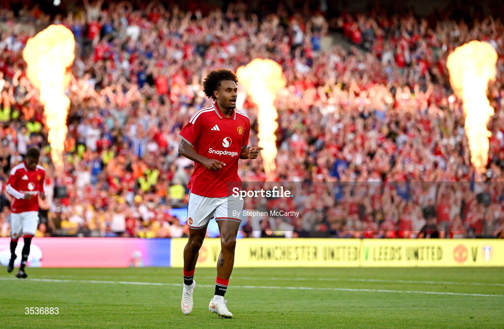 12 August 2026; Joshua Zirkzee of Manchester United celebrates after scoring his side's first goal during the pre-season friendly match between Manchester United and Leeds United at Croke Park in Dublin. Photo by Stephen McCarthy/Sportsfile