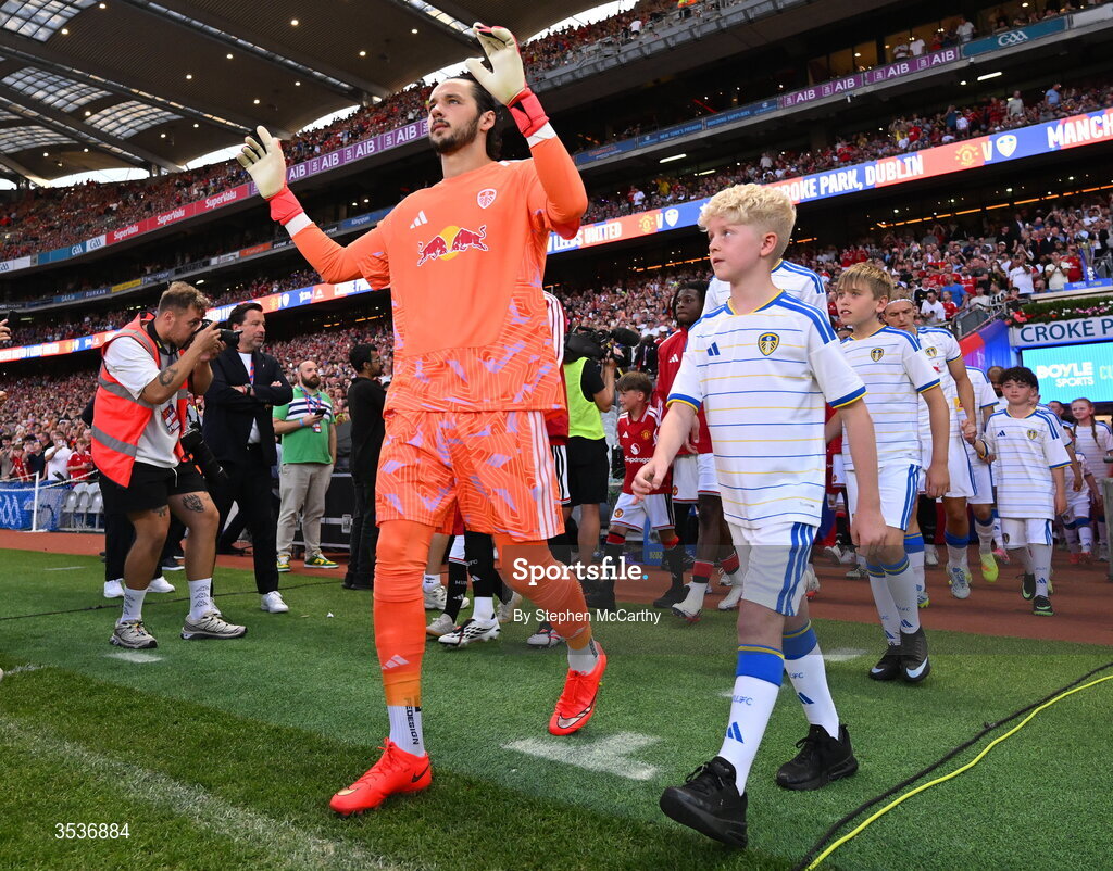 12 August 2026; Leeds United goalkeeper James Trafford walks out before the pre-season friendly match between Manchester United and Leeds United at Croke Park in Dublin. Photo by Stephen McCarthy/Sportsfile