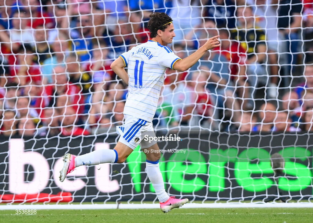 12 August 2026; Brenden Aaronson of Leeds United celebrates after scoring his side's first goal during the pre-season friendly match between Manchester United and Leeds United at Croke Park in Dublin. Photo by Stephen McCarthy/Sportsfile