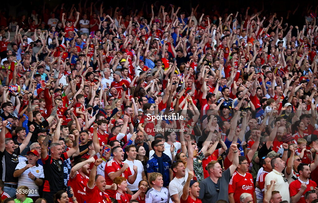 12 August 2026; Supporters react during the pre-season friendly match between Manchester United and Leeds United at Croke Park in Dublin. Photo by David Fitzgerald/Sportsfile