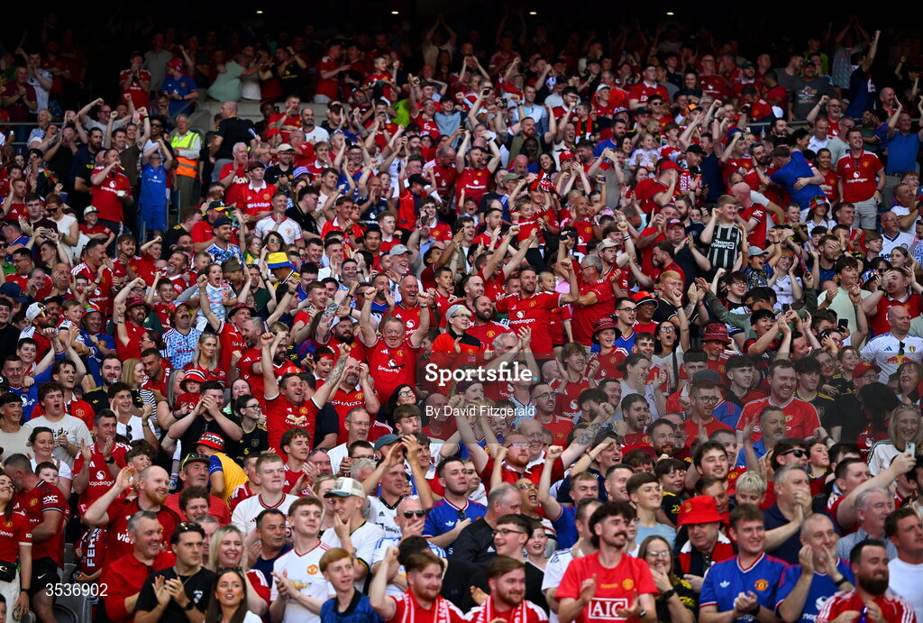 12 August 2026; Supporters react during the pre-season friendly match between Manchester United and Leeds United at Croke Park in Dublin. Photo by David Fitzgerald/Sportsfile