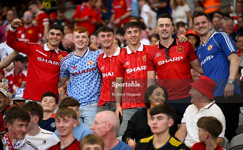 12 August 2026; Mayo All-Ireland Football Championship winning team members, from left, Tommy Conroy, Darragh Beirne, Eoin McGreal, Enda Hession, Diarmuid O'Connor and Mattie Ruane in attendance before the pre-season friendly match between Manchester United and Leeds United at Croke Park in Dublin. Photo by David Fitzgerald/Sportsfile