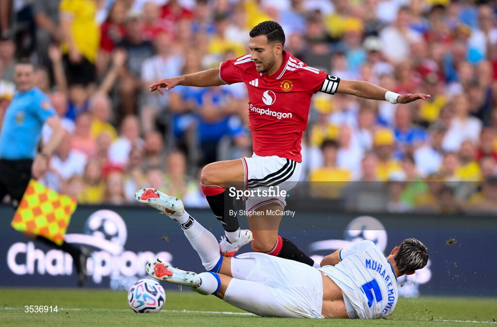 12 August 2026; Diogo Dalot of Manchester United in action against Tarik Muharemovic of Leeds United during the pre-season friendly match between Manchester United and Leeds United at Croke Park in Dublin. Photo by Stephen McCarthy/Sportsfile