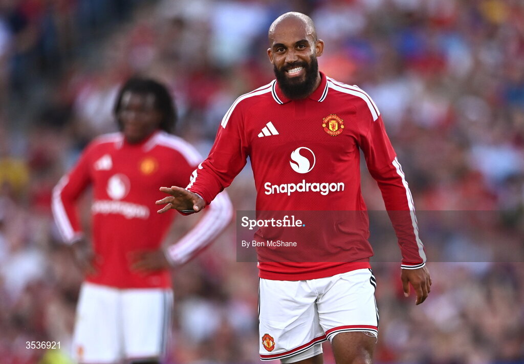 12 August 2026; Bryan Mbeumo of Manchester United reacts during the pre-season friendly match between Manchester United and Leeds United at Croke Park in Dublin. Photo by Ben McShane/Sportsfile