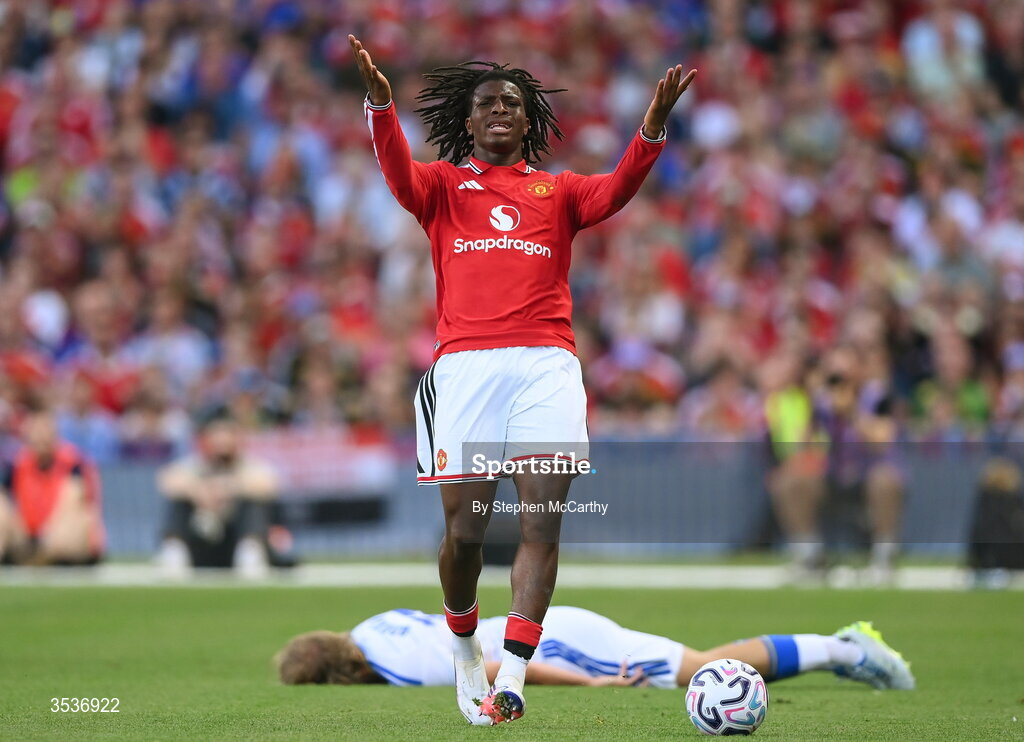 12 August 2026; Patrick Dorgu of Manchester United reacts during the pre-season friendly match between Manchester United and Leeds United at Croke Park in Dublin. Photo by Stephen McCarthy/Sportsfile