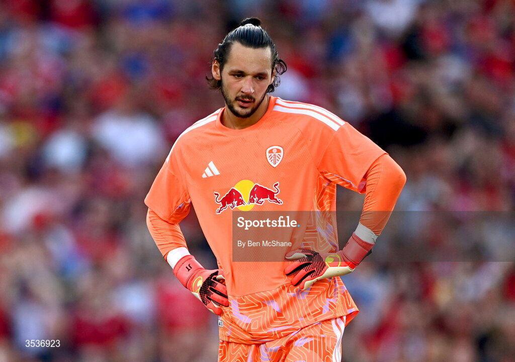 12 August 2026; Leeds United goalkeeper James Trafford after his side conceded a first goal during the pre-season friendly match between Manchester United and Leeds United at Croke Park in Dublin. Photo by Ben McShane/Sportsfile