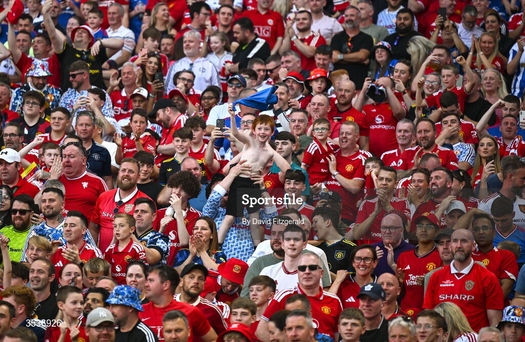 12 August 2026; Supporters react during the pre-season friendly match between Manchester United and Leeds United at Croke Park in Dublin. Photo by David Fitzgerald/Sportsfile