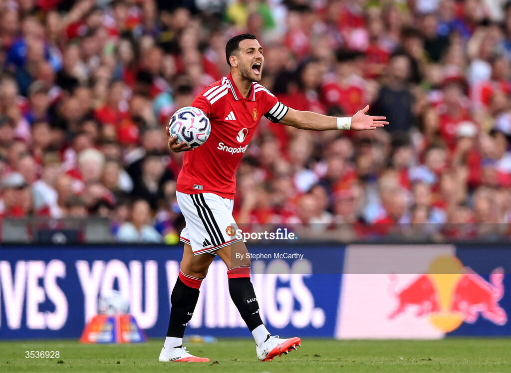 12 August 2026; Diogo Dalot of Manchester United reacts during the pre-season friendly match between Manchester United and Leeds United at Croke Park in Dublin. Photo by Stephen McCarthy/Sportsfile