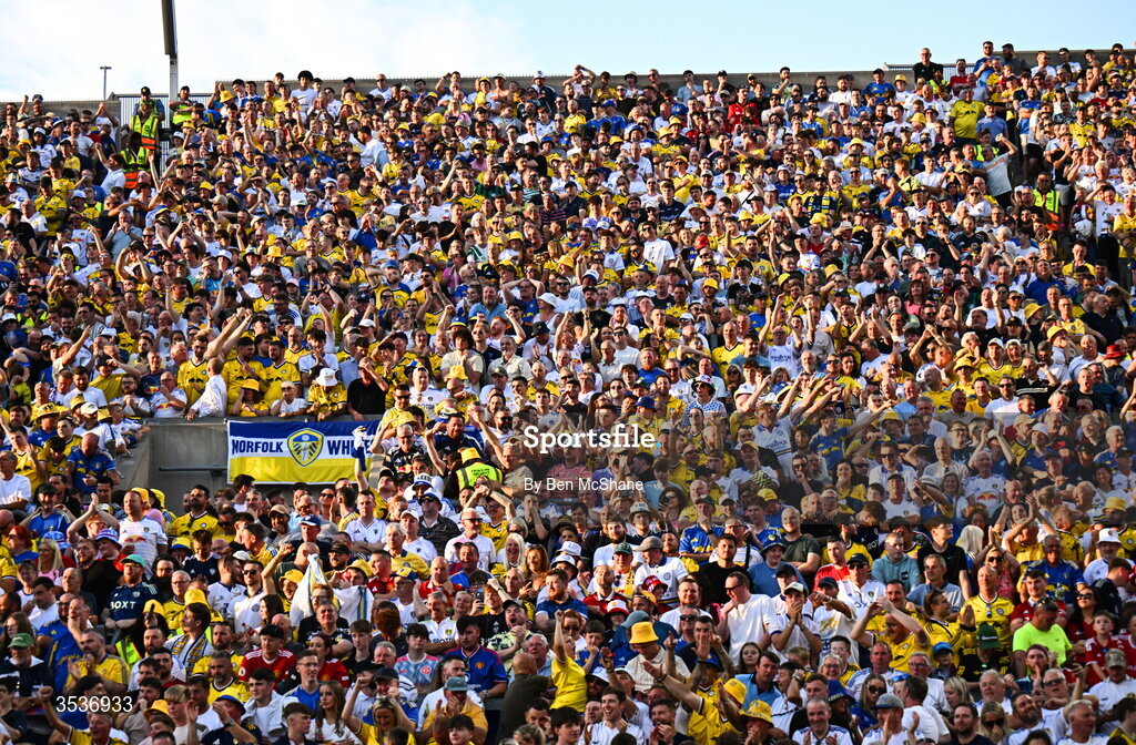 12 August 2026; Leeds United supporters look on from Hill 16 during the pre-season friendly match between Manchester United and Leeds United at Croke Park in Dublin. Photo by Ben McShane/Sportsfile