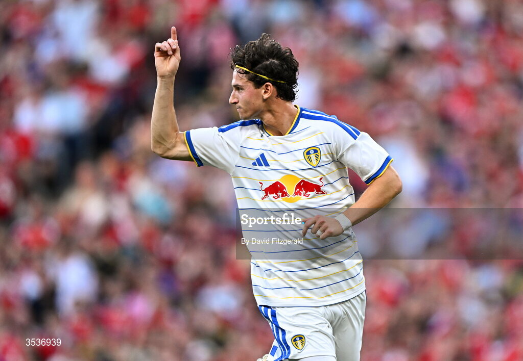 12 August 2026; Brenden Aaronson of Leeds United celebrates after scoring his side's first goal during the pre-season friendly match between Manchester United and Leeds United at Croke Park in Dublin. Photo by David Fitzgerald/Sportsfile