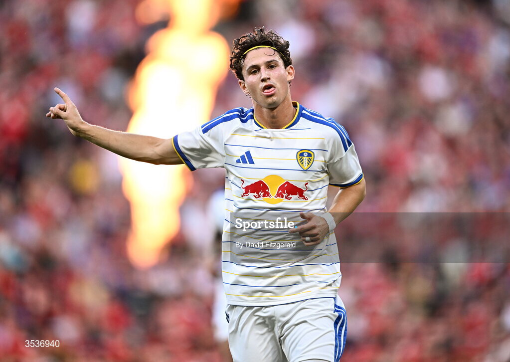 12 August 2026; Brenden Aaronson of Leeds United celebrates after scoring his side's first goal during the pre-season friendly match between Manchester United and Leeds United at Croke Park in Dublin. Photo by David Fitzgerald/Sportsfile