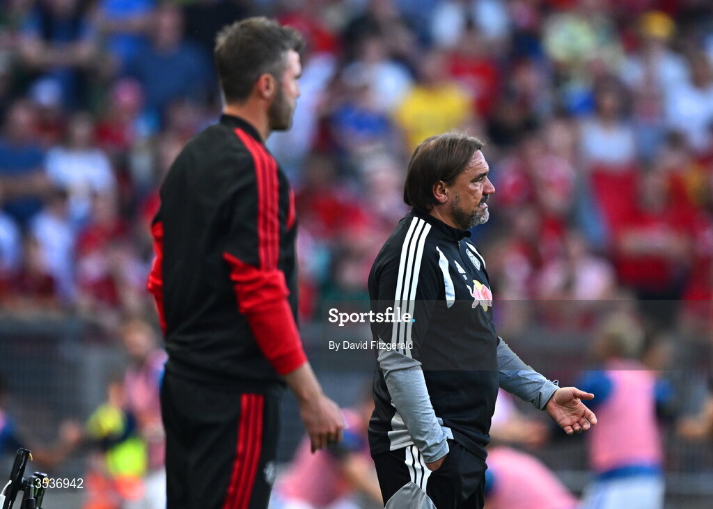 12 August 2026; Leeds United manager Daniel Farke, right, and Manchester United manager Michael Carrick during the pre-season friendly match between Manchester United and Leeds United at Croke Park in Dublin. Photo by David Fitzgerald/Sportsfile