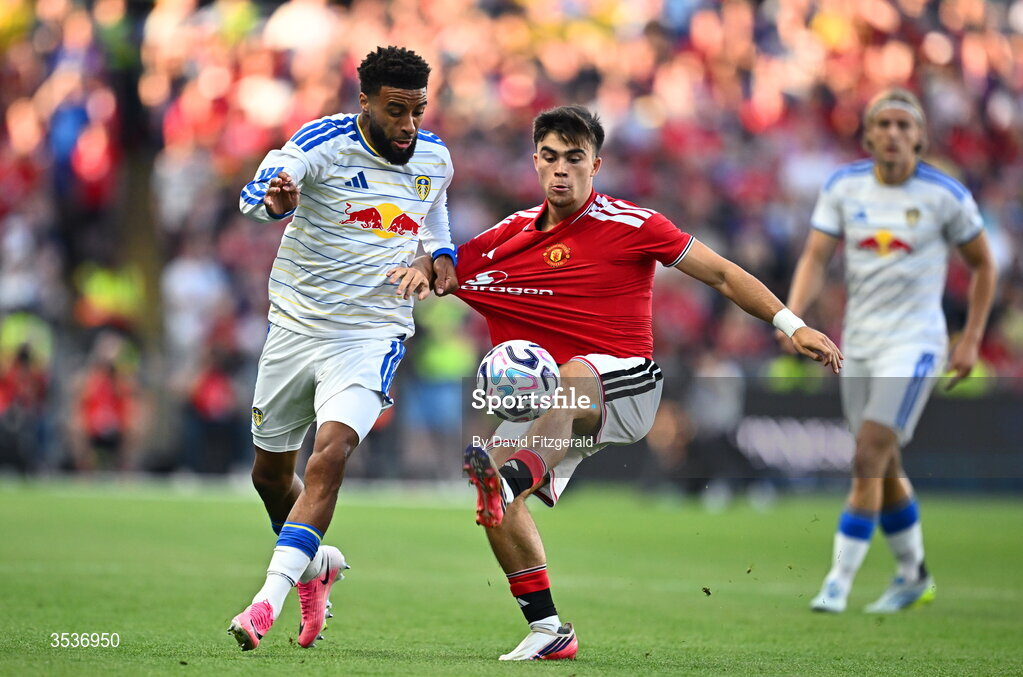 12 August 2026; Harry Amass of Manchester United in action against Jayden Bogle of Leeds United during the pre-season friendly match between Manchester United and Leeds United at Croke Park in Dublin. Photo by David Fitzgerald/Sportsfile