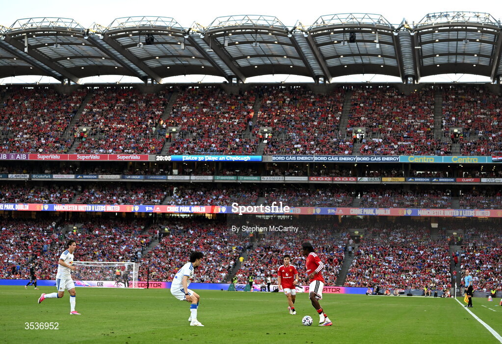 12 August 2026; A general view of Patrick Dorgu of Manchester United in action during the pre-season friendly match between Manchester United and Leeds United at Croke Park in Dublin. Photo by Stephen McCarthy/Sportsfile