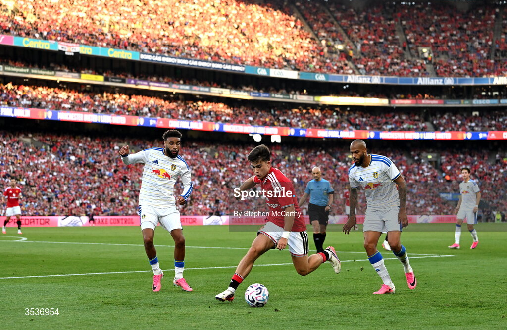 12 August 2026; Harry Amass of Manchester United in action during the pre-season friendly match between Manchester United and Leeds United at Croke Park in Dublin. Photo by Stephen McCarthy/Sportsfile