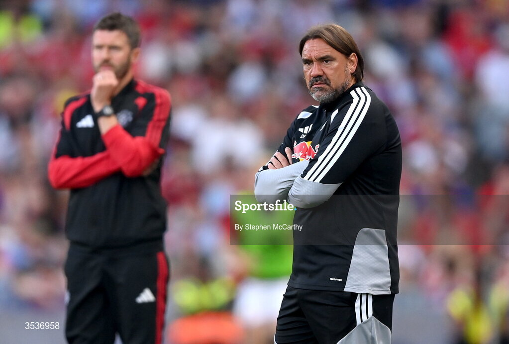 12 August 2026; Leeds United manager Daniel Farke, right, and Manchester United manager Michael Carrick during the pre-season friendly match between Manchester United and Leeds United at Croke Park in Dublin. Photo by Stephen McCarthy/Sportsfile