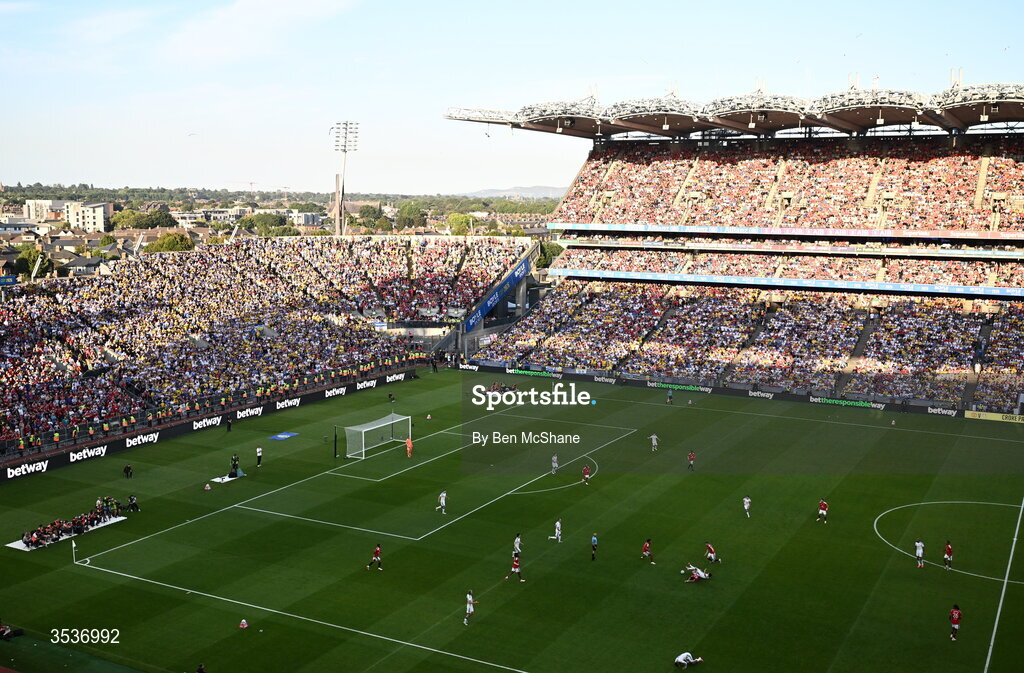 12 August 2026; A general view of match action during the pre-season friendly match between Manchester United and Leeds United at Croke Park in Dublin. Photo by Ben McShane/Sportsfile