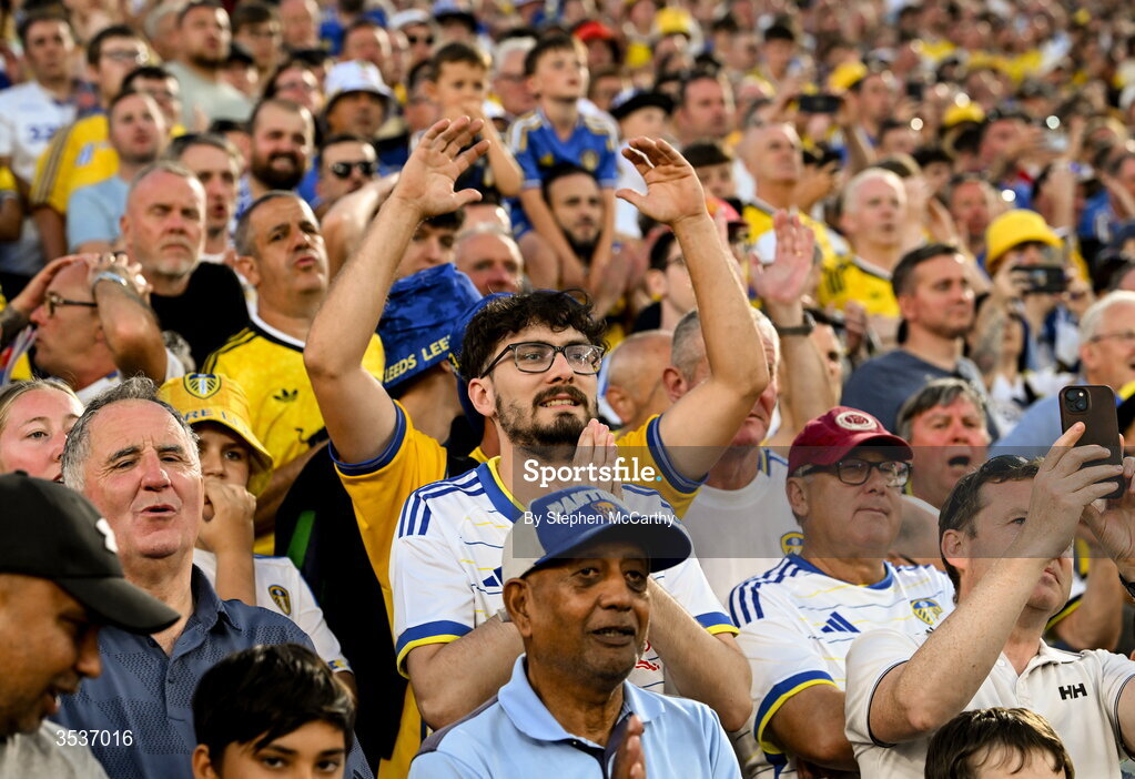 12 August 2026; Leeds United supporters look on during the pre-season friendly match between Manchester United and Leeds United at Croke Park in Dublin. Photo by Stephen McCarthy/Sportsfile