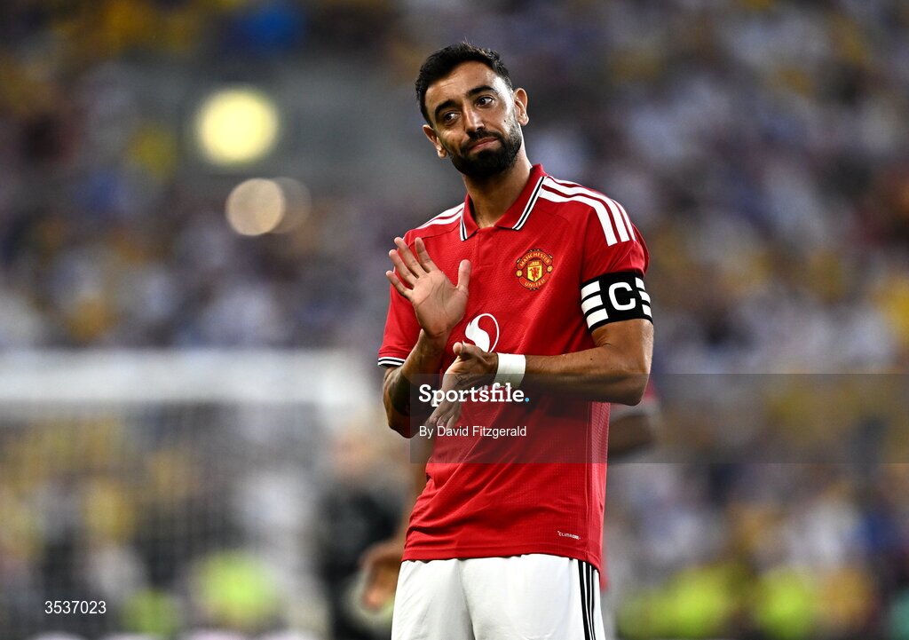 12 August 2026; Bruno Fernandes of Manchester United during the pre-season friendly match between Manchester United and Leeds United at Croke Park in Dublin. Photo by David Fitzgerald/Sportsfile