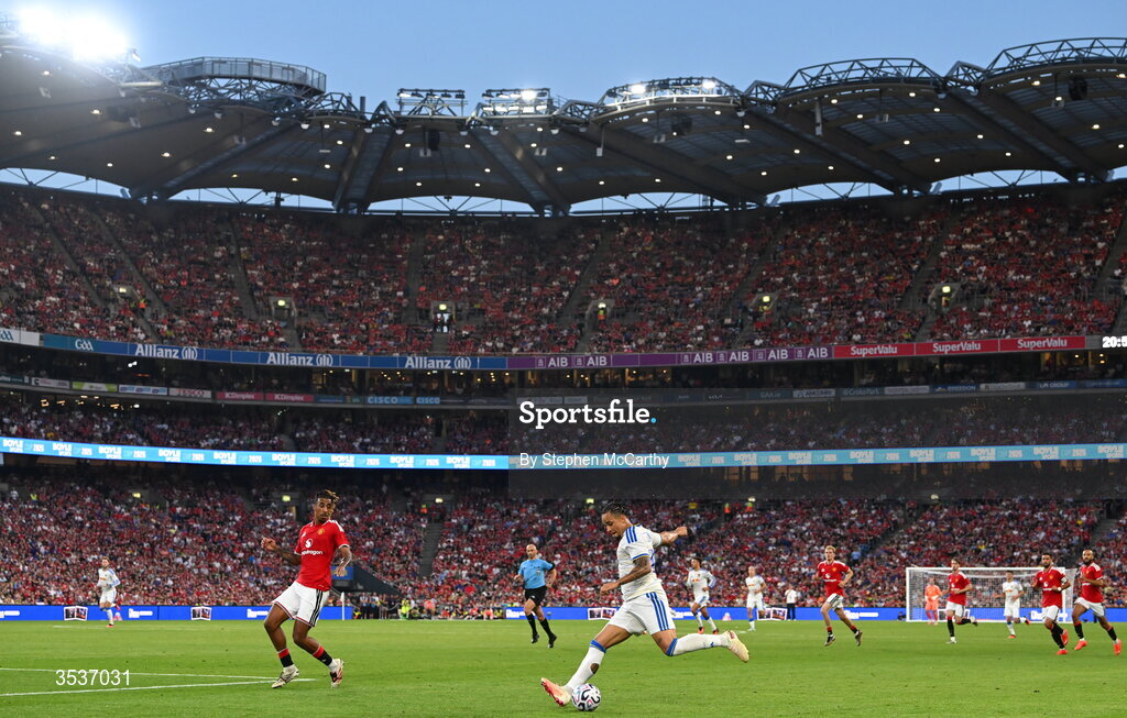 12 August 2026; A general view of Noah Okafor of Leeds United in action during the pre-season friendly match between Manchester United and Leeds United at Croke Park in Dublin. Photo by Stephen McCarthy/Sportsfile