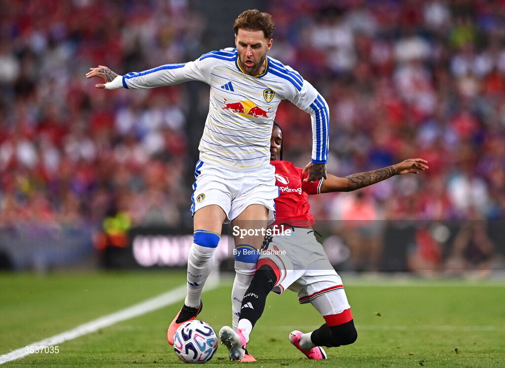 12 August 2026; Joe Rodon of Leeds United in action against Tynan Thompson of Manchester United during the pre-season friendly match between Manchester United and Leeds United at Croke Park in Dublin. Photo by Ben McShane/Sportsfile