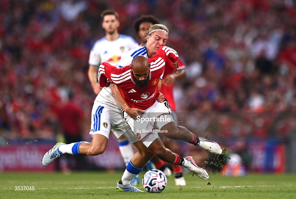 12 August 2026; Bryan Mbeumo of Manchester United in action against Sabastiaan Bornauw of Leeds United during the pre-season friendly match between Manchester United and Leeds United at Croke Park in Dublin. Photo by Ben McShane/Sportsfile