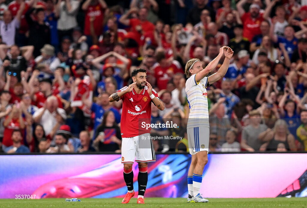 12 August 2026; Bruno Fernandes of Manchester United reacts after his goal was ruled out for offside during the pre-season friendly match between Manchester United and Leeds United at Croke Park in Dublin. Photo by Stephen McCarthy/Sportsfile