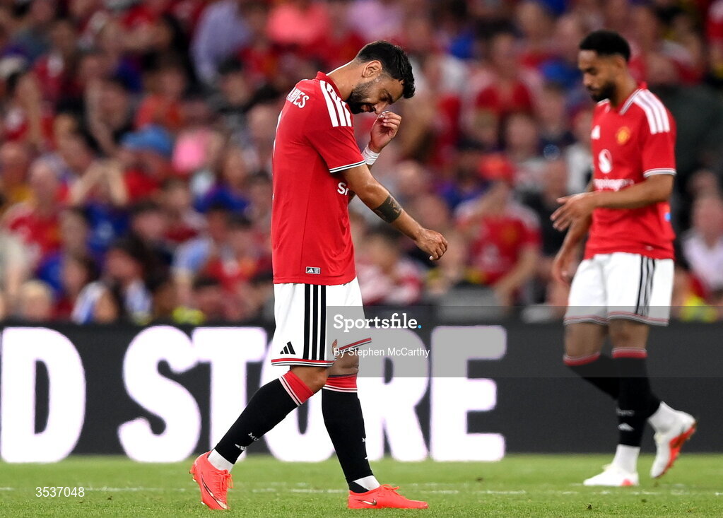 12 August 2026; Bruno Fernandes of Manchester United reacts after his goal was ruled out for offside during the pre-season friendly match between Manchester United and Leeds United at Croke Park in Dublin. Photo by Stephen McCarthy/Sportsfile