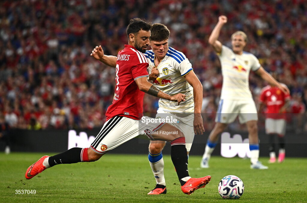 12 August 2026; Bruno Fernandes of Manchester United in action against Alfie Cresswell of Leeds United during the pre-season friendly match between Manchester United and Leeds United at Croke Park in Dublin. Photo by David Fitzgerald/Sportsfile