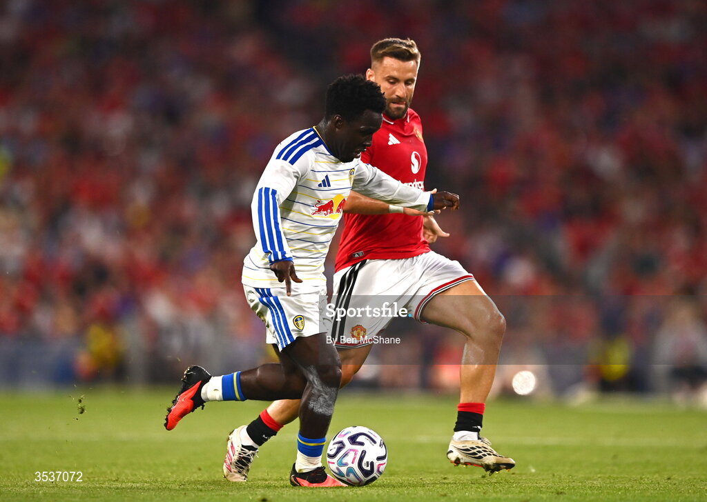 12 August 2026; Wilfried Gnonto of Leeds United in action against Luke Shaw of Manchester United during the pre-season friendly match between Manchester United and Leeds United at Croke Park in Dublin. Photo by Ben McShane/Sportsfile