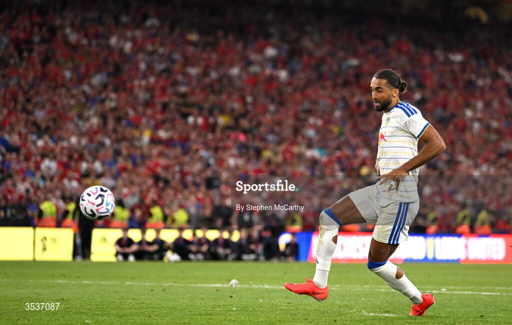 12 August 2026; Dominic Calvert-Lewin of Leeds United shoots to score in the penalty shoot-out during the pre-season friendly match between Manchester United and Leeds United at Croke Park in Dublin. Photo by Stephen McCarthy/Sportsfile