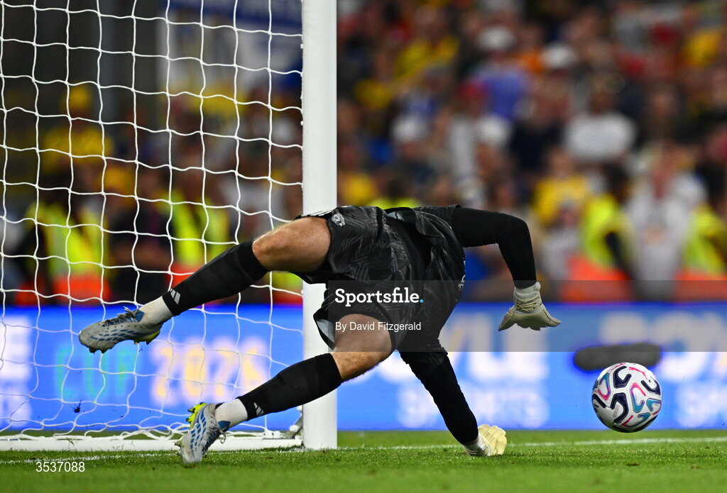 12 August 2026; Manchester United goalkeeper Dermot Mee makes a save in the penalty shoot-out during the pre-season friendly match between Manchester United and Leeds United at Croke Park in Dublin. Photo by David Fitzgerald/Sportsfile