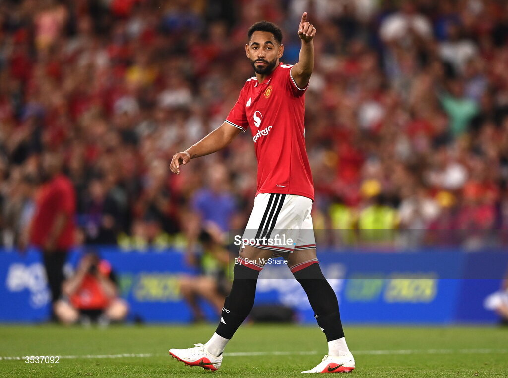 12 August 2026; Matheus Cunha of Manchester United celebrates scoring in the penalty shoot-out during the pre-season friendly match between Manchester United and Leeds United at Croke Park in Dublin. Photo by Ben McShane/Sportsfile