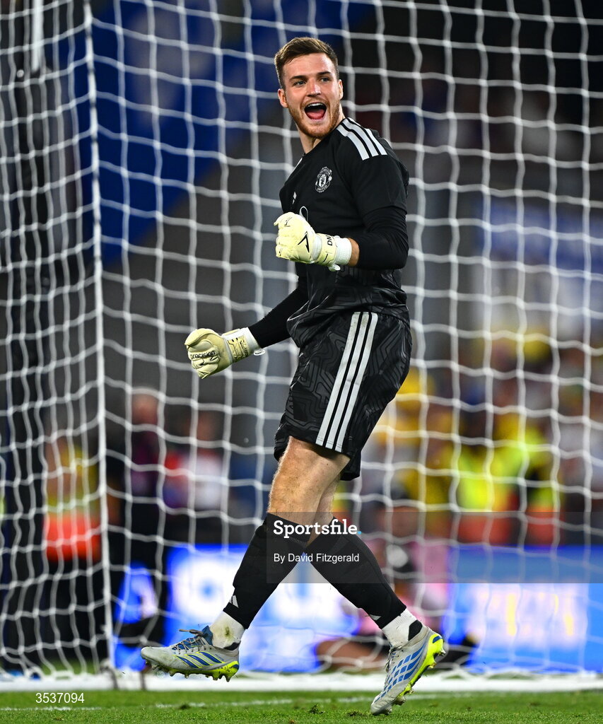 12 August 2026; Manchester United goalkeeper Dermot Mee celebrates a save in the penalty shoot-out during the pre-season friendly match between Manchester United and Leeds United at Croke Park in Dublin. Photo by David Fitzgerald/Sportsfile