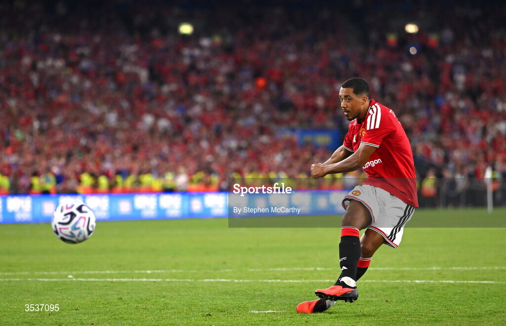 12 August 2026; Youri Tielemans of Manchester United scores in the penalty shoot-out during the pre-season friendly match between Manchester United and Leeds United at Croke Park in Dublin. Photo by Stephen McCarthy/Sportsfile
