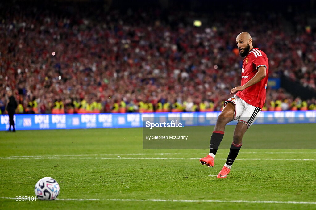 12 August 2026; Noussair Mazraoui of Manchester United shoots to score the winning penalty in the penalty shoot-out during the pre-season friendly match between Manchester United and Leeds United at Croke Park in Dublin. Photo by Stephen McCarthy/Sportsfile