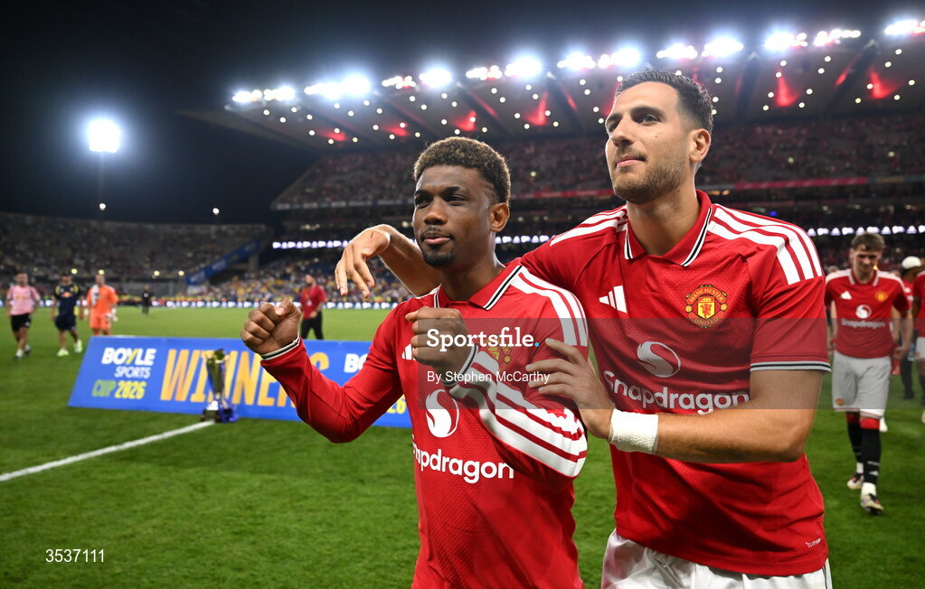 12 August 2026; Amad Diallo, left, and Diogo Dalot of Manchester United after their side's victory in the pre-season friendly match between Manchester United and Leeds United at Croke Park in Dublin. Photo by Stephen McCarthy/Sportsfile
