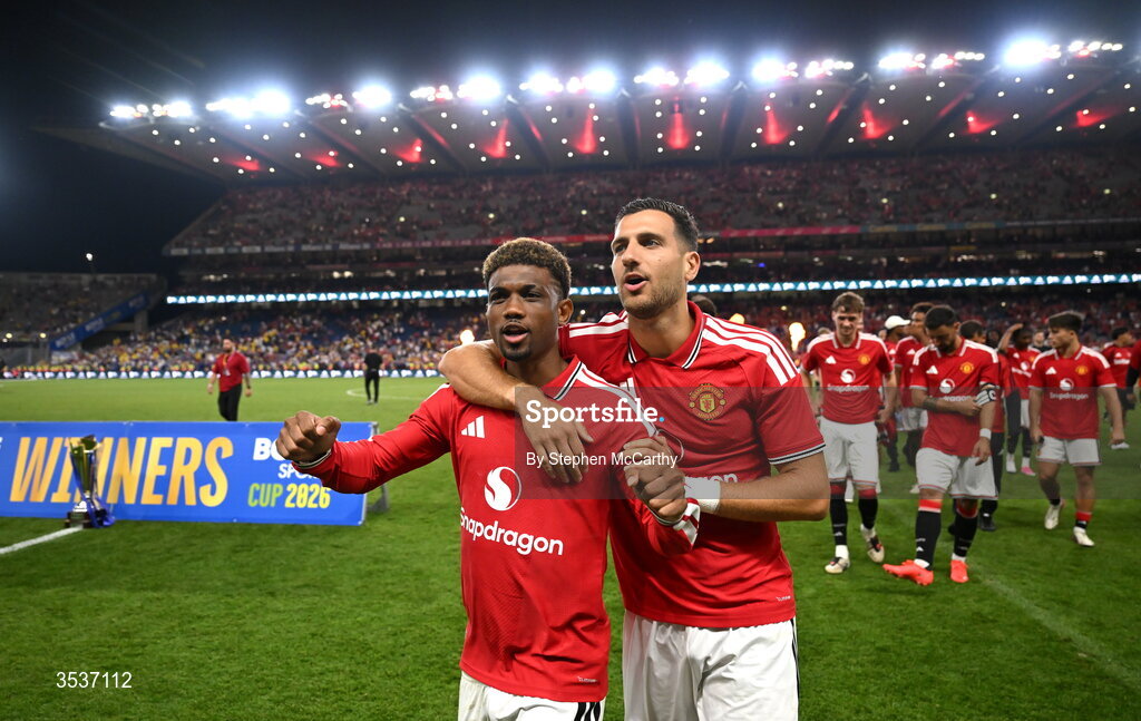 12 August 2026; Amad Diallo, left, and Diogo Dalot of Manchester United after their side's victory in the pre-season friendly match between Manchester United and Leeds United at Croke Park in Dublin. Photo by Stephen McCarthy/Sportsfile
