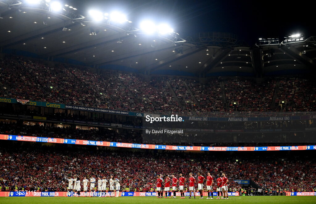 12 August 2026; Players from both sides during the penalty shoot out in the pre-season friendly match between Manchester United and Leeds United at Croke Park in Dublin. Photo by David Fitzgerald/Sportsfile