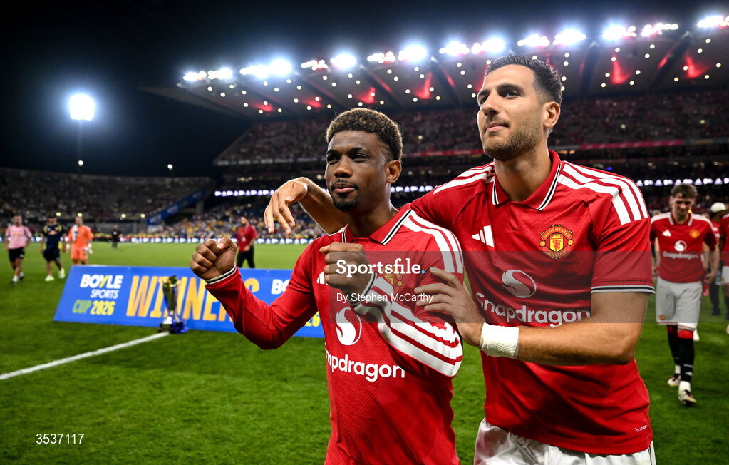 12 August 2026; Amad Diallo, left, and Diogo Dalot of Manchester United after their side's victory in the pre-season friendly match between Manchester United and Leeds United at Croke Park in Dublin. Photo by Stephen McCarthy/Sportsfile