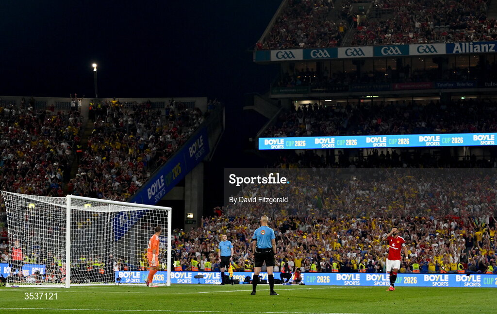 12 August 2026; Bruno Fernandes of Manchester United reacts after missing a penalty in the shootout during the pre-season friendly match between Manchester United and Leeds United at Croke Park in Dublin. Photo by David Fitzgerald/Sportsfile