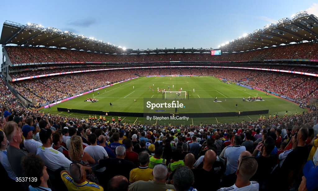12 August 2026; A general view of match action during the pre-season friendly match between Manchester United and Leeds United at Croke Park in Dublin. Photo by Stephen McCarthy/Sportsfile