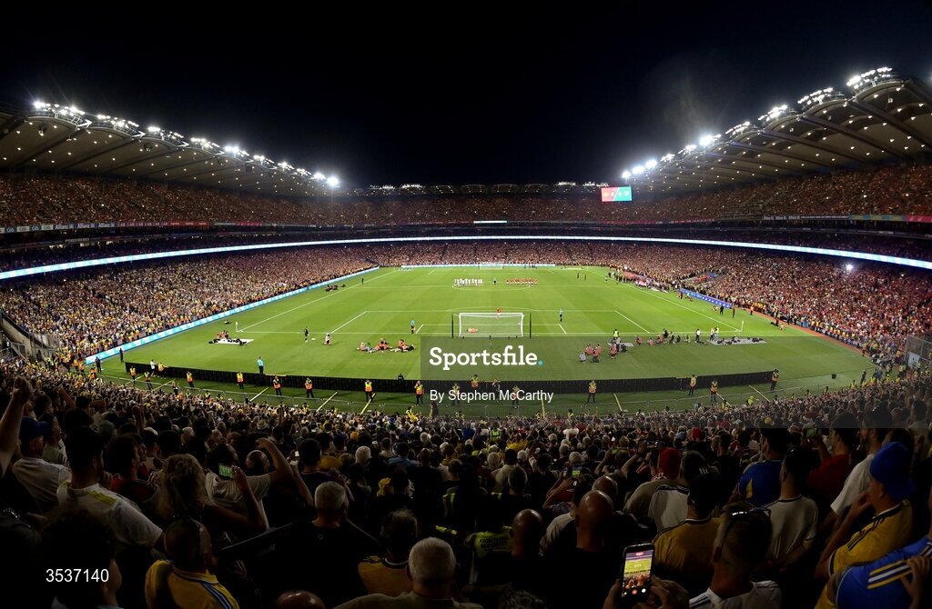12 August 2026; A general view during the penalty shoot-out during the pre-season friendly match between Manchester United and Leeds United at Croke Park in Dublin. Photo by Stephen McCarthy/Sportsfile