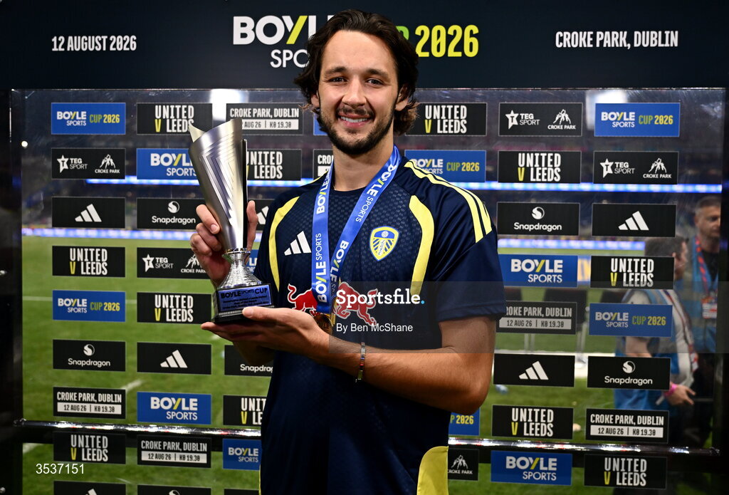 12 August 2026; Leeds United goalkeeper James Trafford with the player of the match award after the pre-season friendly match between Manchester United and Leeds United at Croke Park in Dublin. Photo by Ben McShane/Sportsfile