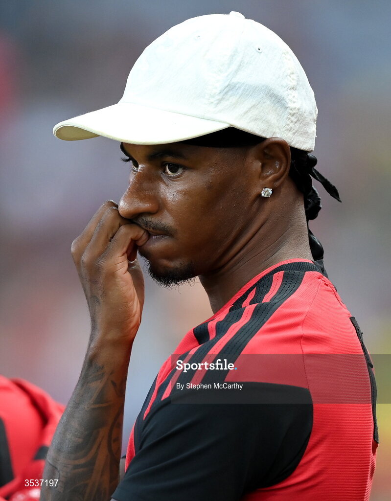 12 August 2026; Marcus Rashford of Manchester United before the pre-season friendly match between Manchester United and Leeds United at Croke Park in Dublin. Photo by Stephen McCarthy/Sportsfile