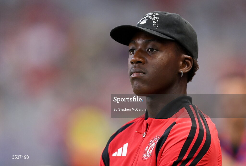 12 August 2026; Kobbie Mainoo of Manchester United before the pre-season friendly match between Manchester United and Leeds United at Croke Park in Dublin. Photo by Stephen McCarthy/Sportsfile