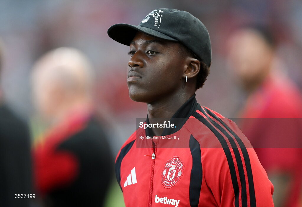 12 August 2026; Kobbie Mainoo of Manchester United before the pre-season friendly match between Manchester United and Leeds United at Croke Park in Dublin. Photo by Stephen McCarthy/Sportsfile