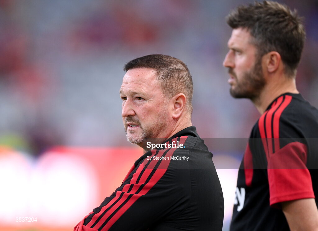 12 August 2026; Manchester United assistant manager Steve Holland and manager Michael Carrick, right, before the pre-season friendly match between Manchester United and Leeds United at Croke Park in Dublin. Photo by Stephen McCarthy/Sportsfile