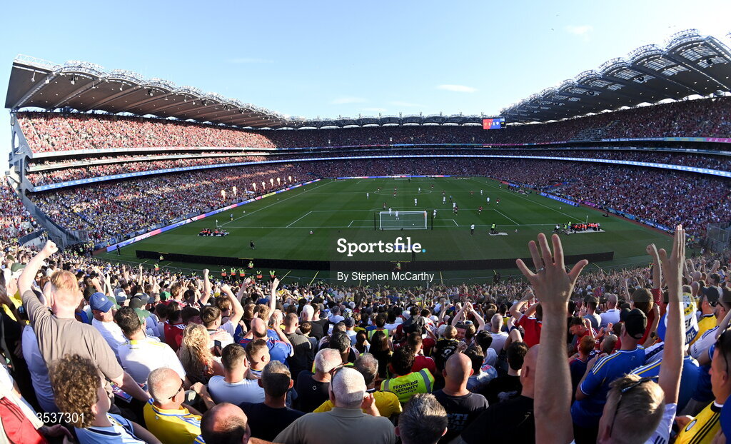 12 August 2026; A general view of Croke Park after Joshua Zirkzee of Manchester United scored his side's goal during the pre-season friendly match between Manchester United and Leeds United at Croke Park in Dublin. Photo by Stephen McCarthy/Sportsfile