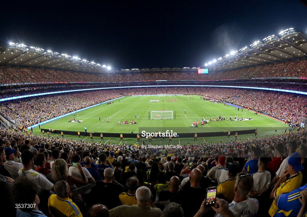12 August 2026; A general view of Croke Park during the penalty shootout at the end of the pre-season friendly match between Manchester United and Leeds United at Croke Park in Dublin. Photo by Stephen McCarthy/Sportsfile